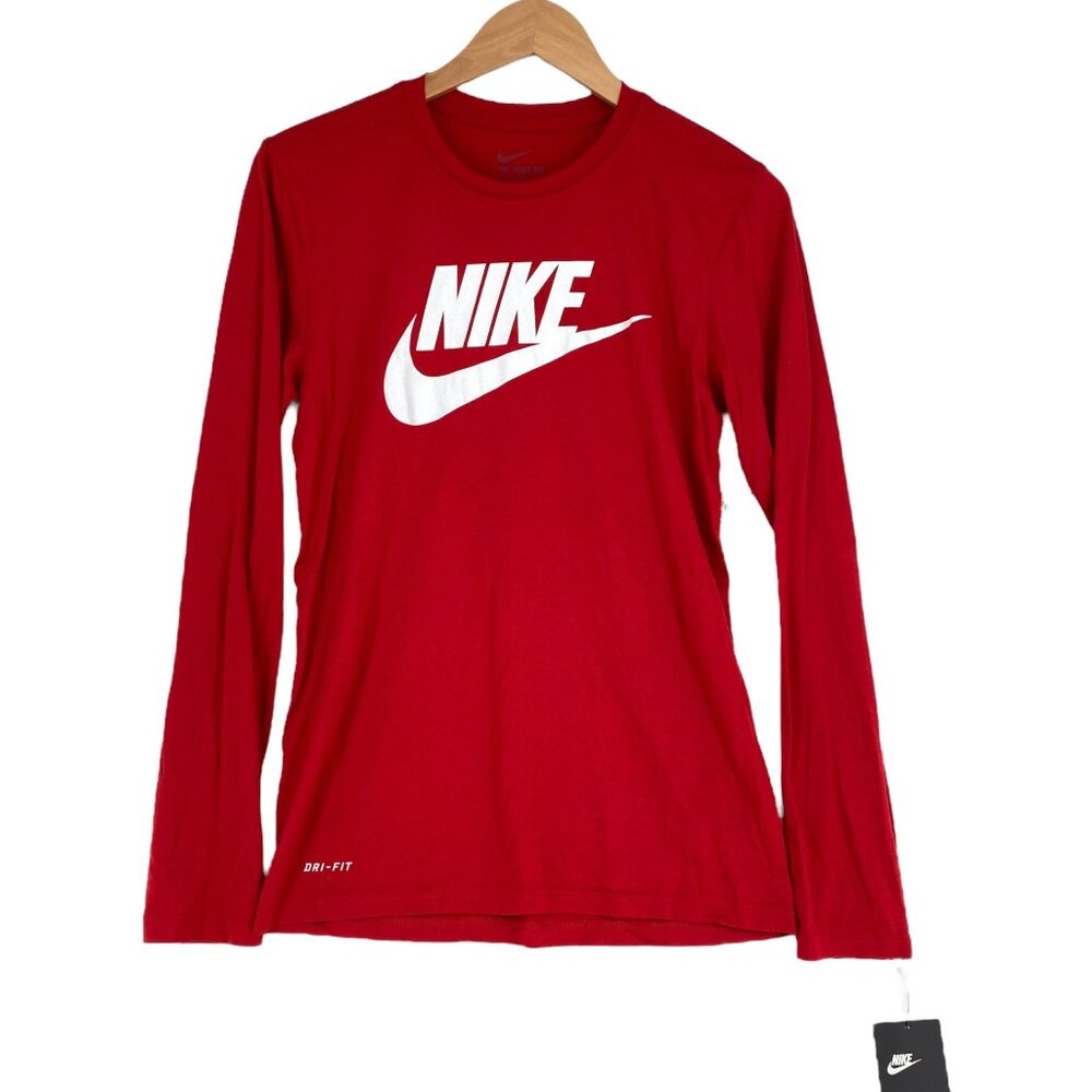 NWT Nike Mens S Red Athletic Cut Dri-Fit Futura Shirt Long Sleeve Swoosh Logo